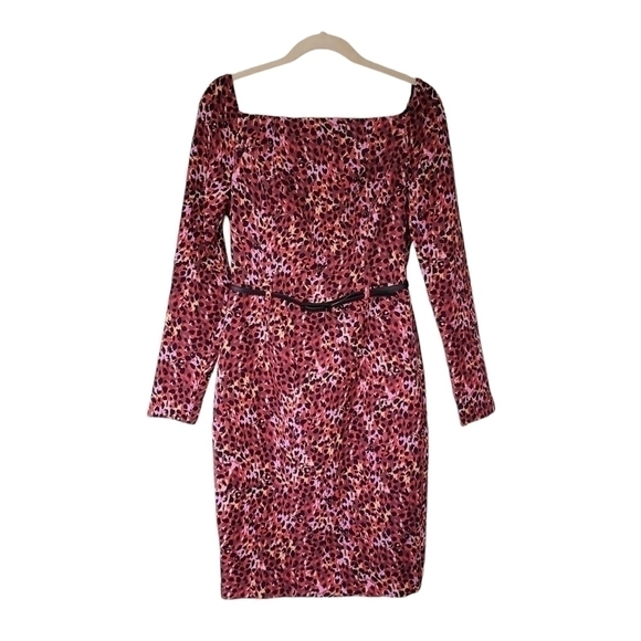 Black Halo Leopard Print Long Sleeve Belted Sheath Dress in Black & Pink - Picture 3 of 11